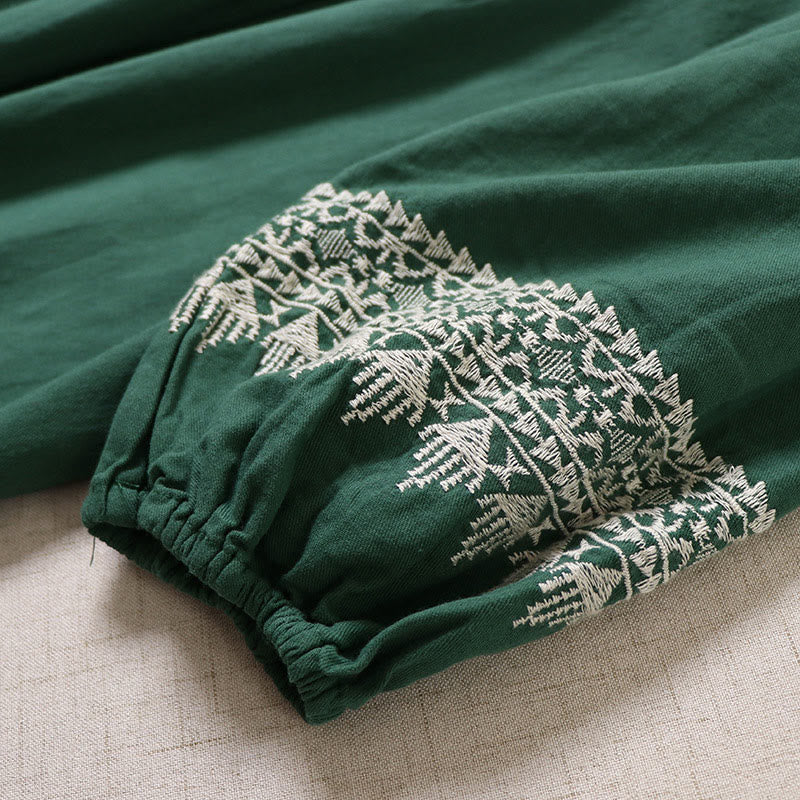 Buddha Stones Casual Artistic Geometric Embroidery Button Front Long Lantern Sleeve Cotton Linen Midi Dress