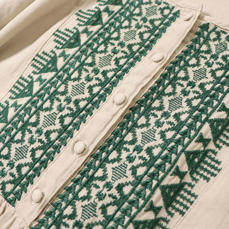 Buddha Stones Casual Artistic Geometric Embroidery Button Front Long Lantern Sleeve Cotton Linen Midi Dress