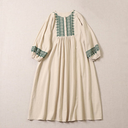 Buddha Stones Casual Artistic Geometric Embroidery Button Front Long Lantern Sleeve Cotton Linen Midi Dress