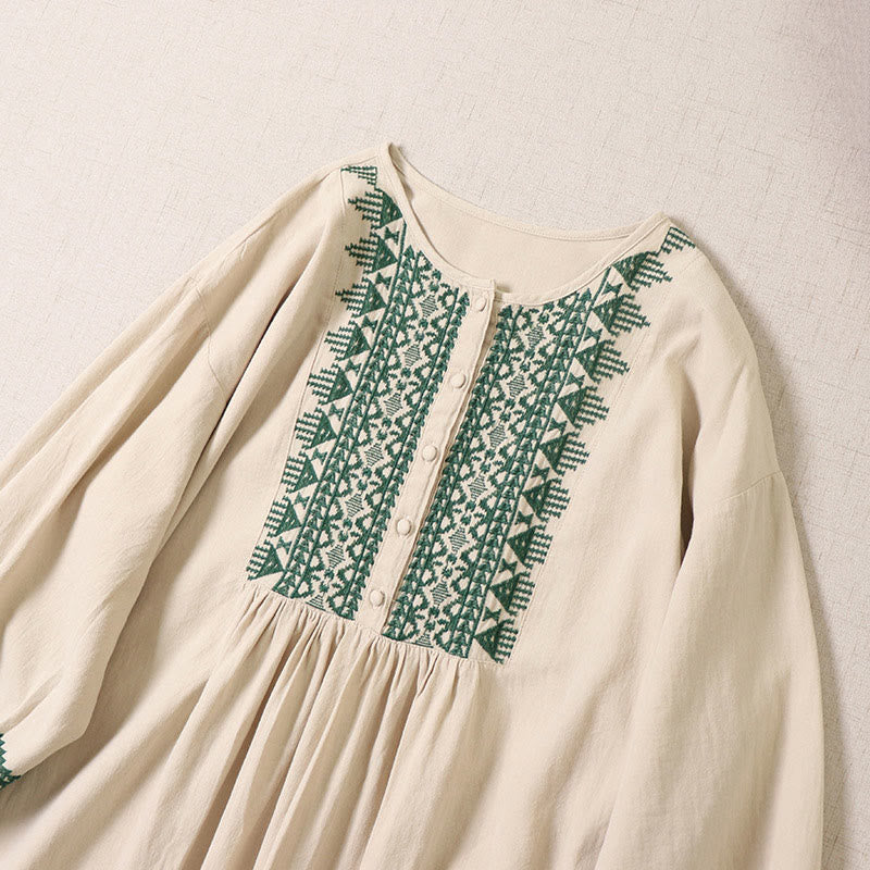 Buddha Stones Casual Artistic Geometric Embroidery Button Front Long Lantern Sleeve Cotton Linen Midi Dress