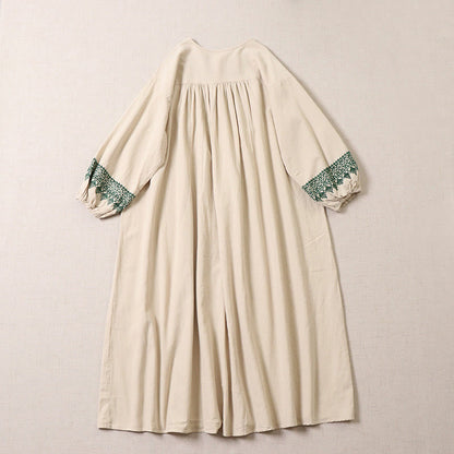 Buddha Stones Casual Artistic Geometric Embroidery Button Front Long Lantern Sleeve Cotton Linen Midi Dress