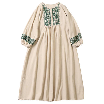 Buddha Stones Casual Artistic Geometric Embroidery Button Front Long Lantern Sleeve Cotton Linen Midi Dress