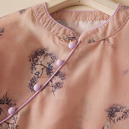 Buddha Stones Summer Vintage Printing Floral Slanted Button Stand Collar Design Half Sleeve Cotton Cheongsam Midi Dress With Pockets