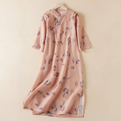 Buddha Stones Summer Vintage Printing Floral Slanted Button Stand Collar Design Half Sleeve Cotton Cheongsam Midi Dress With Pockets