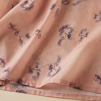 Buddha Stones Summer Vintage Printing Floral Slanted Button Stand Collar Design Half Sleeve Cotton Cheongsam Midi Dress With Pockets