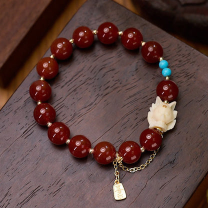 Buddha Stones Nine Tailed Fox Joy Red Agate Ivory Fruit Copper Plated Gold Confidence Bracelet