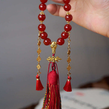 Buddha Stones 18 Beads Copper Coins Tibet Tassel Red Agate Calm Wrist Mala