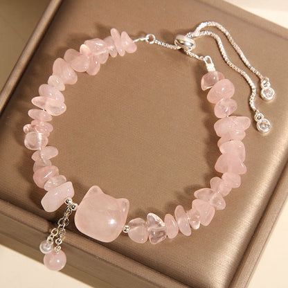Buddha Stones Natural Pink Crystal Agate Gravel Stone Cat Head Soothing Bracelet
