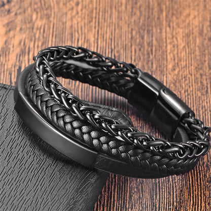 Buddha Stones Woven Pattern Titanium Steel Stimulation Multi-layer Leather Buckle Bracelet