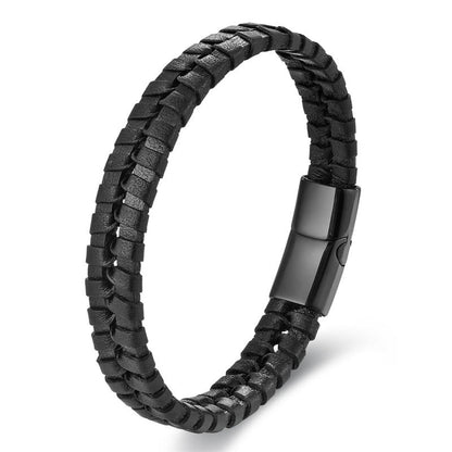 Buddha Stones Simple Braided Pattern Titanium Steel Strengthen Multi-layer Leather Buckle Bracelet