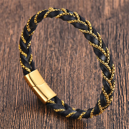 Buddha Stones Simple Design Titanium Steel Calm Braided Leather Buckle Bracelet
