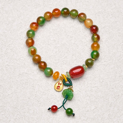 Buddha Stones Natural Colorful Peacock Agate Chalcedony Ruyi As One Wishes Charm Courage Bracelet