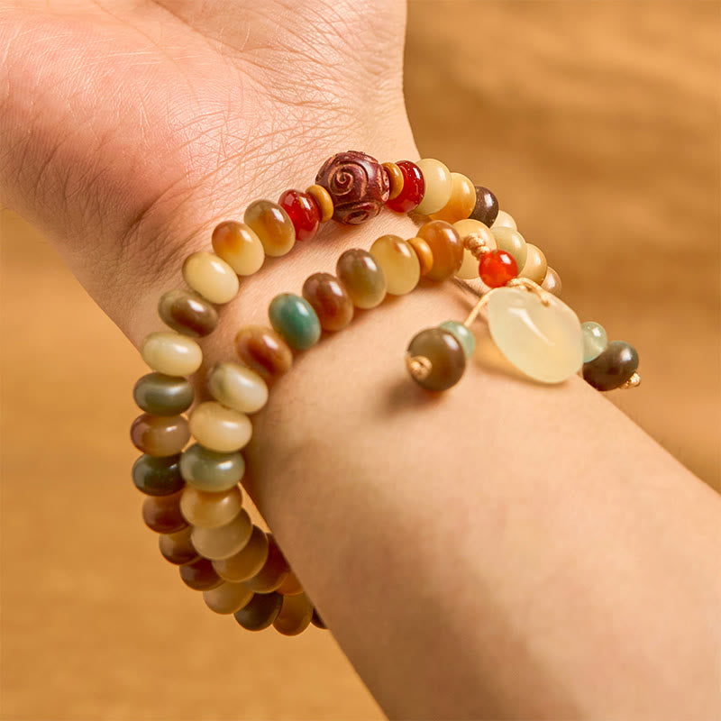 Buddha Stones Colorful Bodhi Seed Peace Lock Charm Wisdom Abacus Beads Double Wrap Bracelet