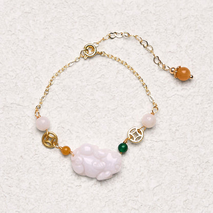 Buddha Stones Natural Jade PiXiu Carved Copper Coin Luck Chain Bracelet
