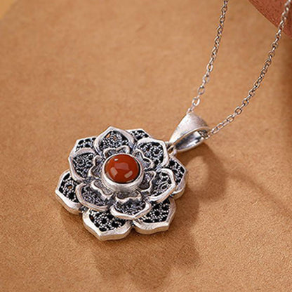 Buddha Stones Tibetan Om Mani Padme Hum Lotus Pattern Red Agate Copper Peace Necklace Pendant