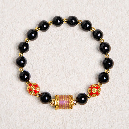 Buddha Stones Natural Black Onyx Five Scripture Copper Coins Fortune Bracelet