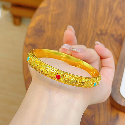 Buddha Stones Copper Plated Gold Flowers Leaves Luck Bracelet Bangle