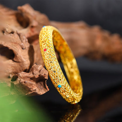 Buddha Stones Copper Plated Gold Flowers Vine Pattern Luck Bracelet Bangle 2.44 IN (62 MM)