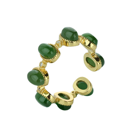 Buddha Stones 925 Sterling Silver Hetian Cyan Jade Beads Healing Adjustable Ring