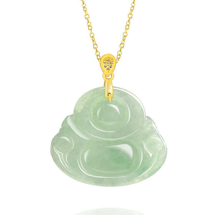 Buddha Stones 925 Sterling Silver Natural Jade Laughing Buddha Luck Prosperity Chain Necklace Pendant