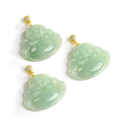 Buddha Stones 925 Sterling Silver Natural Jade Laughing Buddha Luck Prosperity Chain Necklace Pendant