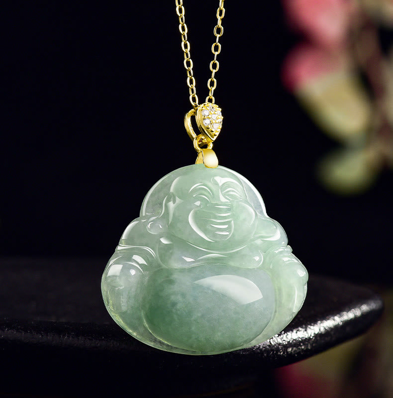 Buddha Stones 925 Sterling Silver Natural Jade Laughing Buddha Luck Prosperity Chain Necklace Pendant