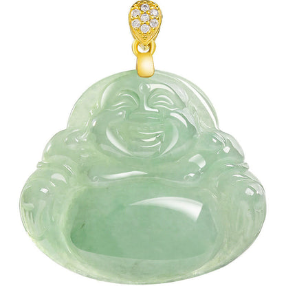 Buddha Stones 925 Sterling Silver Natural Jade Laughing Buddha Luck Prosperity Chain Necklace Pendant