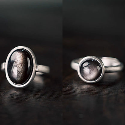 Buddha Stones Natural 925 Sterling Silver Silver Sheen Obsidian Adjustable Protection Ring