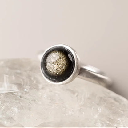 Buddha Stones Natural 925 Sterling Silver Gold Sheen Obsidian Adjustable Wealth Ring