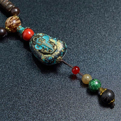 Buddha Stones Tibetan Handmade Wenge Wood Protection Dzi Bead Elephant Head Necklace Pendant
