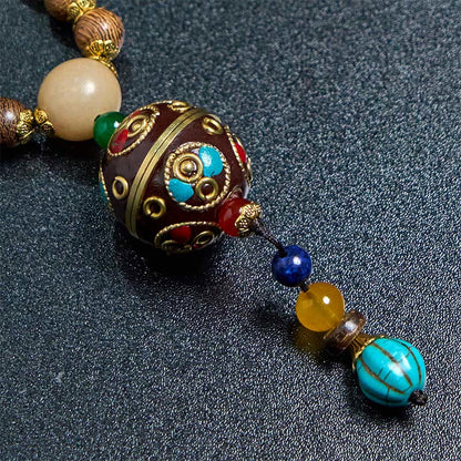 Buddha Stones Tibetan Handmade Coconut Shell Schima Wood Great Bright Mantra Copper Bead Balance Necklace Pendant