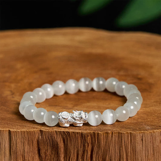 Buddha Stones Natural Cat's Eye Beads 990 Sterling Silver Pixiu Positive Bracelet