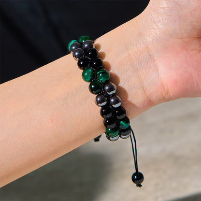 Buddha Stones Natural Green Tiger Eye Black Magnetite Black Obsidian Double Row Beads Positive Bracelet