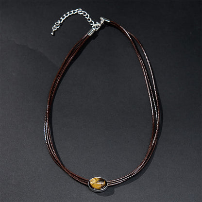 Buddha Stones Natural Tiger Eye Ellipse Protection Wax Rope Necklace Pendant