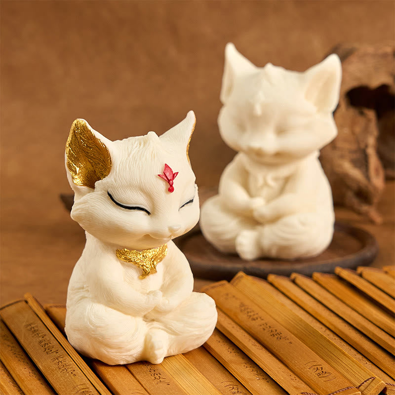 Buddha Stones Nine Tailed Fox Carved Ivory Fruit Blessing Home Decoration