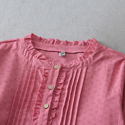Buddha Stones Casual Retro Solid Color Button Ruffled Crew Neck Design Short Sleeve Cotton Linen Midi Dress With Pockets
