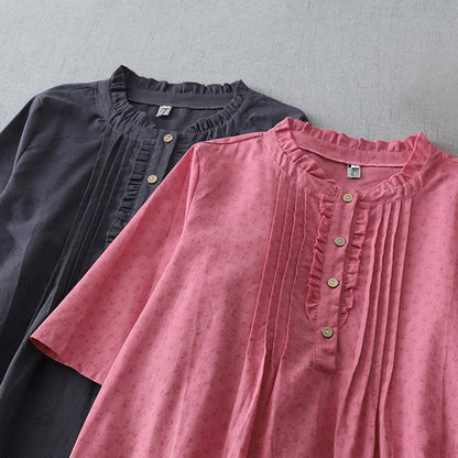 Buddha Stones Casual Retro Solid Color Button Ruffled Crew Neck Design Short Sleeve Cotton Linen Midi Dress With Pockets