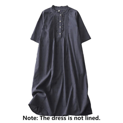 Buddha Stones Casual Retro Solid Color Button Ruffled Crew Neck Design Short Sleeve Cotton Linen Midi Dress With Pockets