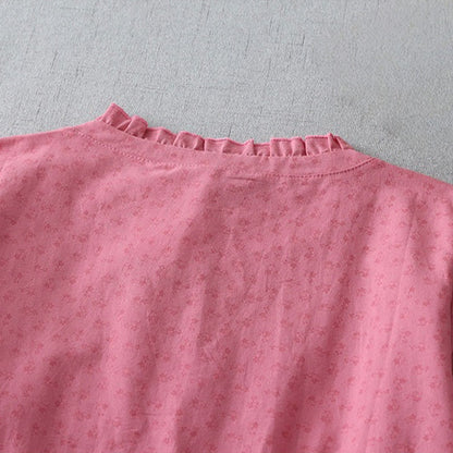 Buddha Stones Casual Retro Solid Color Button Ruffled Crew Neck Design Short Sleeve Cotton Linen Midi Dress With Pockets