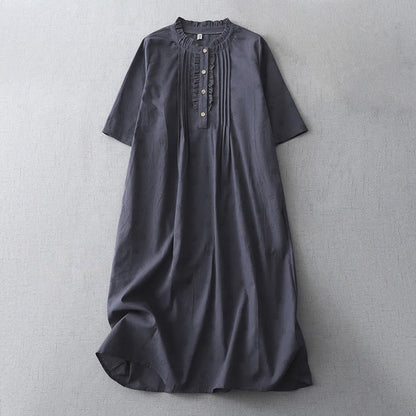 Buddha Stones Casual Retro Solid Color Button Ruffled Crew Neck Design Short Sleeve Cotton Linen Midi Dress With Pockets