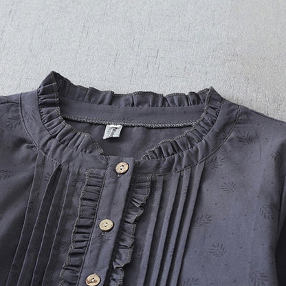 Buddha Stones Casual Retro Solid Color Button Ruffled Crew Neck Design Short Sleeve Cotton Linen Midi Dress With Pockets