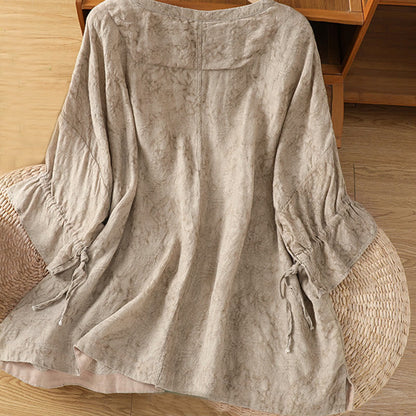 Buddha Stones Casual Retro Solid Color Crew Neck Design Drawstring Half Sleeve Cotton Polyester Midi Dress