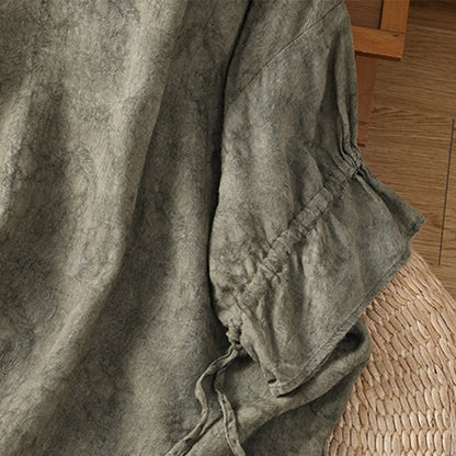 Buddha Stones Casual Retro Solid Color Crew Neck Design Drawstring Half Sleeve Cotton Polyester Midi Dress