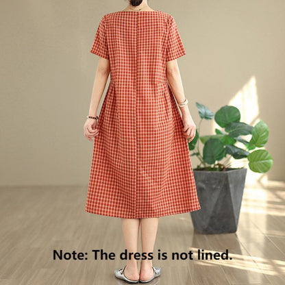 Buddha Stones Retro Solid Color Plaid Pattern Crew Neck Short Sleeve Cotton Linen Midi Dress With Pockets