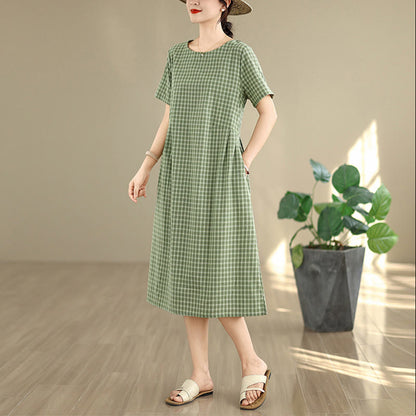 Buddha Stones Retro Solid Color Plaid Pattern Crew Neck Short Sleeve Cotton Linen Midi Dress With Pockets