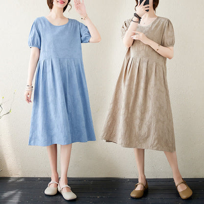Buddha Stones Casual Solid Color Jacquard Crew Neck Short Puff Sleeve Cotton Linen Midi Dress