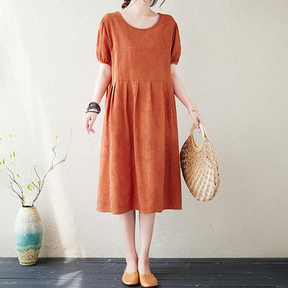 Buddha Stones Casual Solid Color Jacquard Crew Neck Short Puff Sleeve Cotton Linen Midi Dress