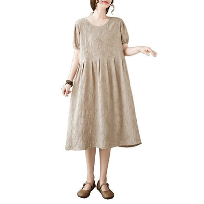 Buddha Stones Casual Solid Color Jacquard Crew Neck Short Puff Sleeve Cotton Linen Midi Dress