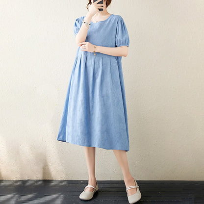 Buddha Stones Casual Solid Color Jacquard Crew Neck Short Puff Sleeve Cotton Linen Midi Dress