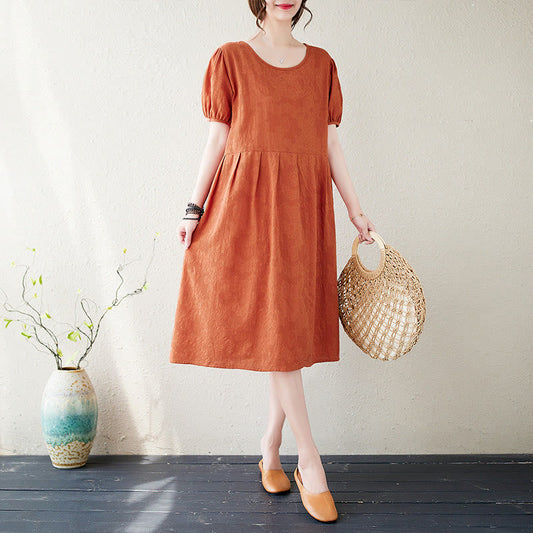 Buddha Stones Casual Solid Color Jacquard Crew Neck Short Puff Sleeve Cotton Linen Midi Dress